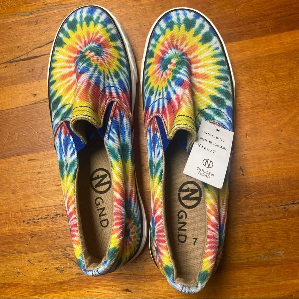 Red and Yellow Tie-Dye Slip-On Flats